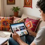 Engaging with https://hanadultalk.com in a cozy cultural setting, vibrant decor reflects Asian and Hispanic heritage.