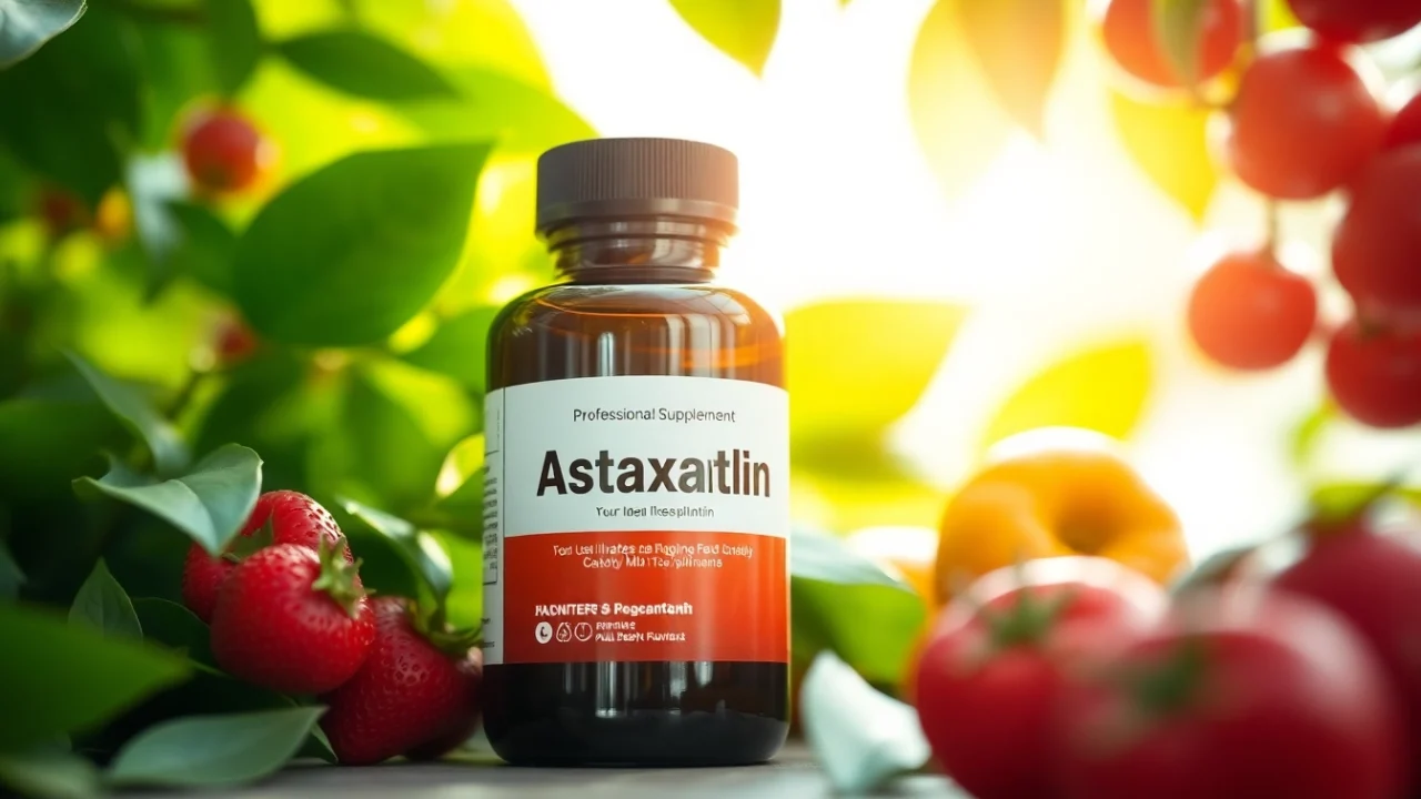 Showcase an astaxanthin supplement for adults with vibrant fruits and greens reflecting health.