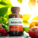 Showcase an astaxanthin supplement for adults with vibrant fruits and greens reflecting health.