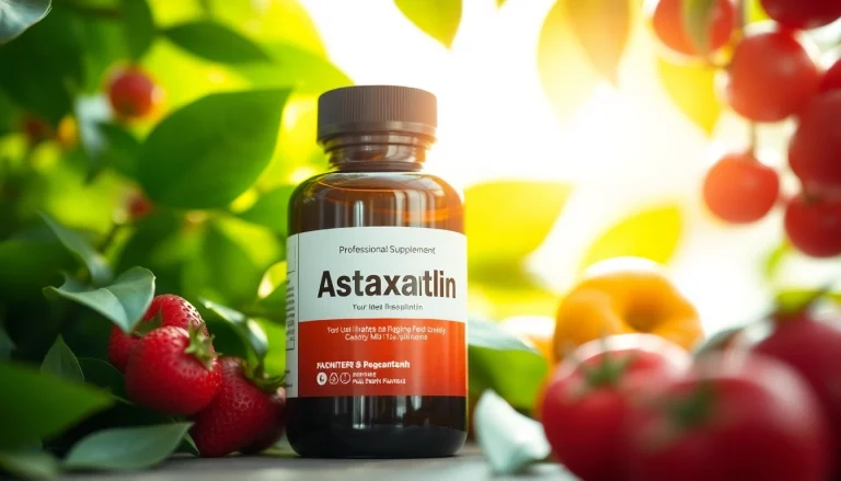 Showcase an astaxanthin supplement for adults with vibrant fruits and greens reflecting health.