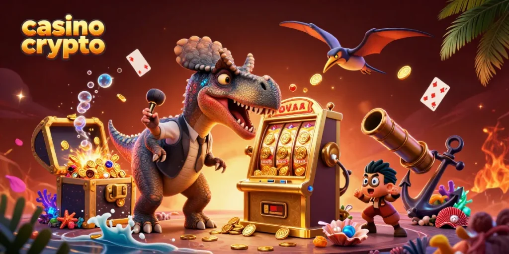 Scopri il casino crypto mentre un pachycephalosaurus colpisce una macchina a jackpot che eroga monete d'oro.