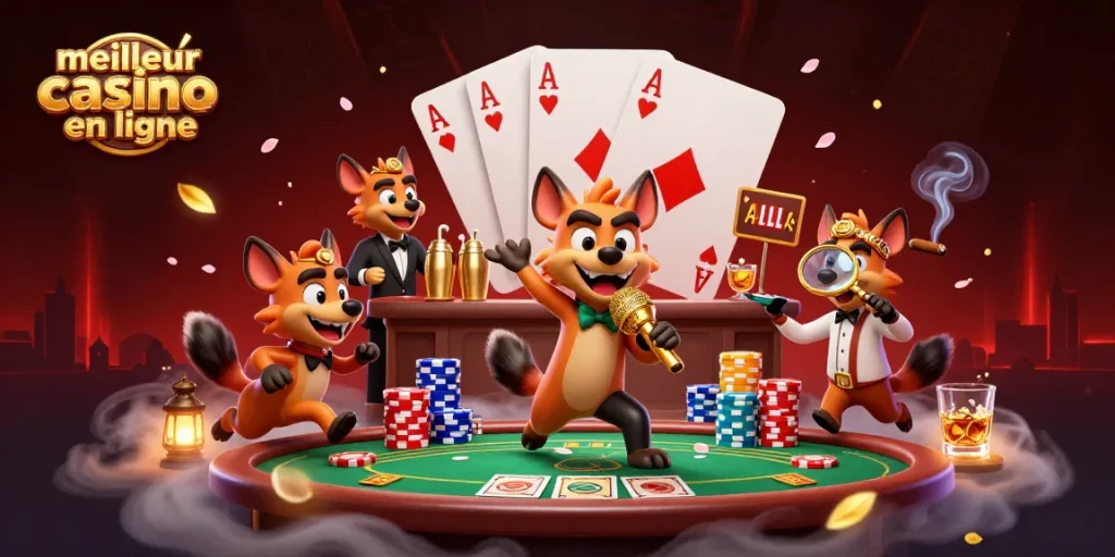 Jouez au meilleur casino en ligne avec des hyènes animées s'amusant autour d'une table de poker.