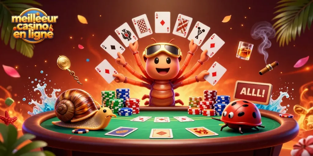Entrez dans l'univers du meilleur casino en ligne avec cette illustration colorée et dynamique de joueurs de poker.