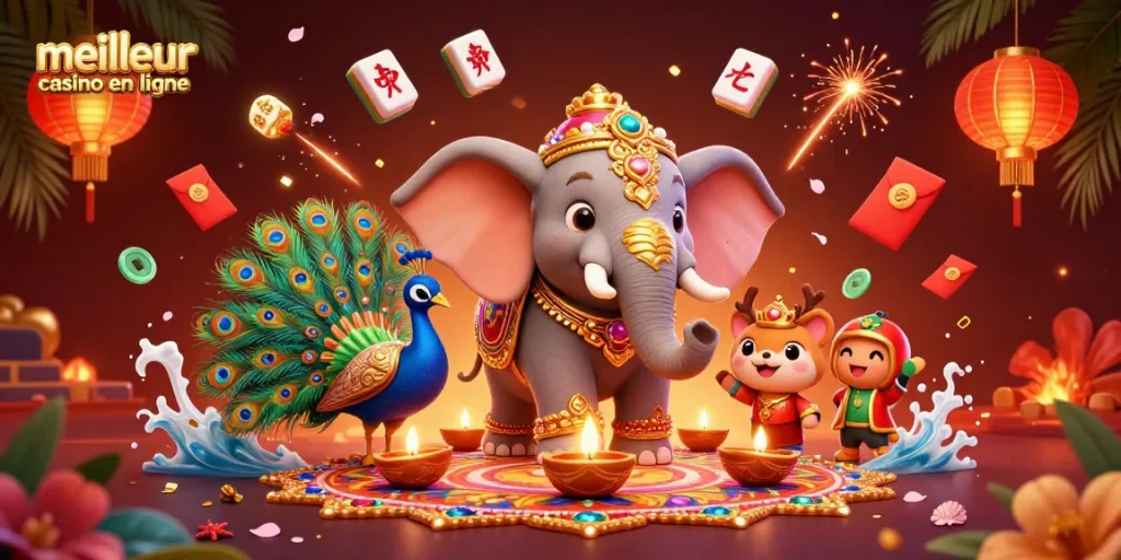 Jouer au meilleur casino en ligne avec une illustration riche d'éléphants et de lumières.