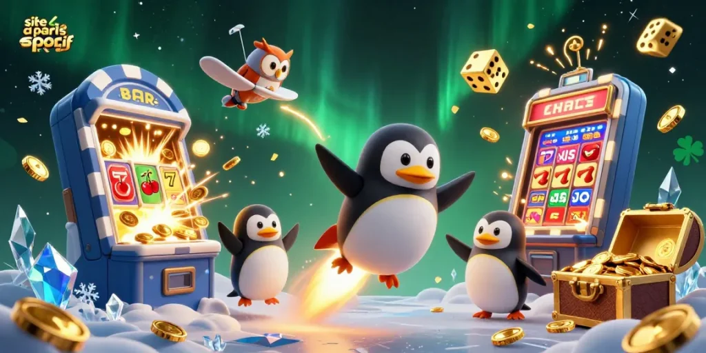 Animations de paris sportifs sur un site de paris sportif avec un pingouin gagnant en or