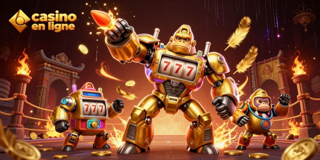 Une illustration dynamique de casino en ligne avec un gorille mech doré et des effets de jeu captivants.