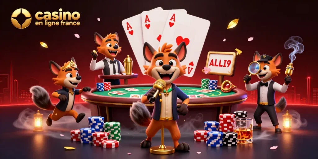 Illustration animée de hyènes dans un club de casino, mettant en avant leur humour à casino en ligne france.