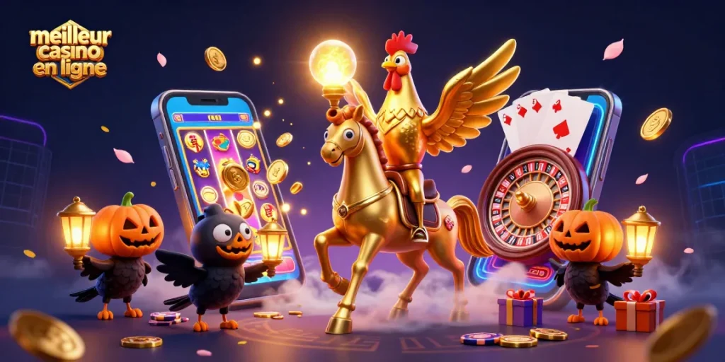 Découvrez le meilleur casino en ligne avec un cheval spectral et un coq doré dans un casino animé.