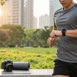 Pengguna memantau kesehatan menggunakan https://www.polarfitbitshop.com/fitbit-luxe/ saat jogging di taman kota.