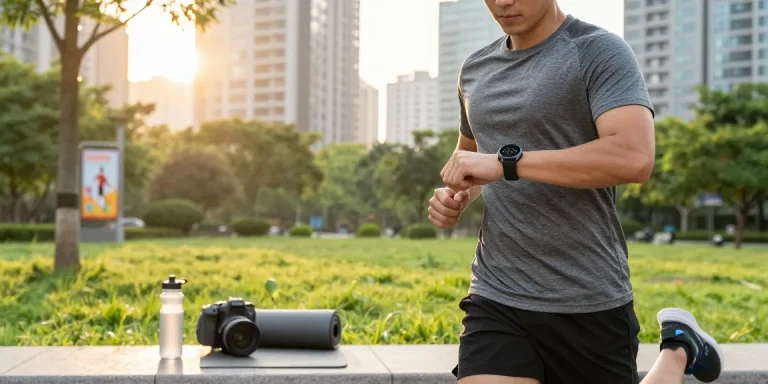 Pengguna memantau kesehatan menggunakan https://www.polarfitbitshop.com/fitbit-luxe/ saat jogging di taman kota.