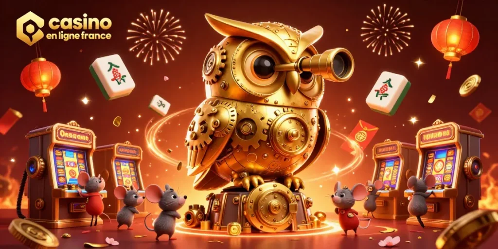 Illustration dynamique de casino en ligne France avec des personnages et des éléments de jeu captivants
